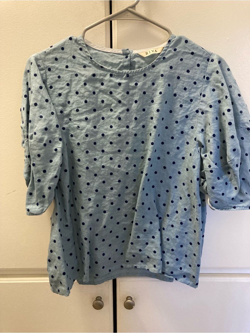 Riva Light Blue Polka Dot Puff-Sleeve Blouse